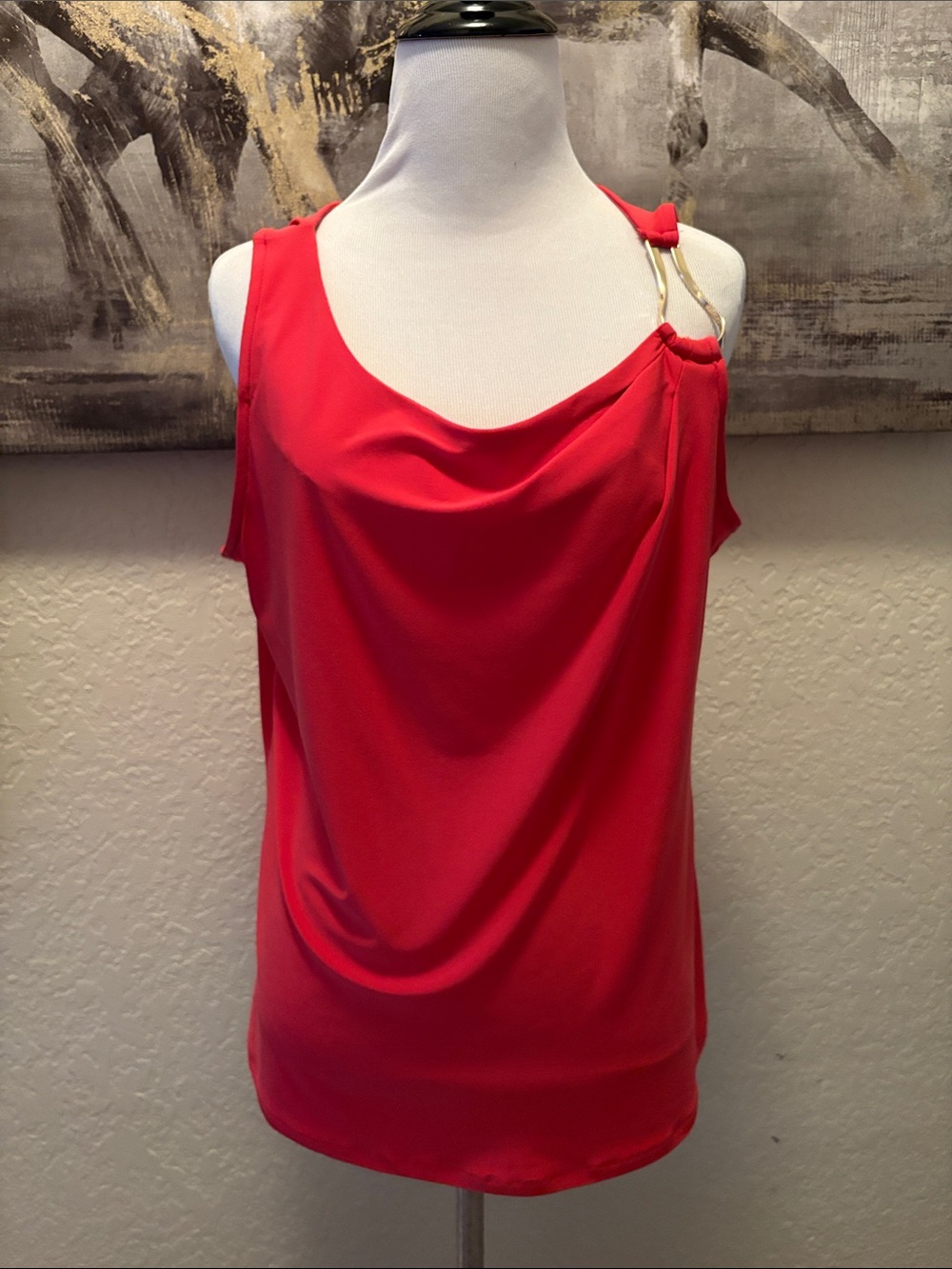 Nine West Red Coral Cold-Shoulder Cowl Neck Top with Gold Ring Detail